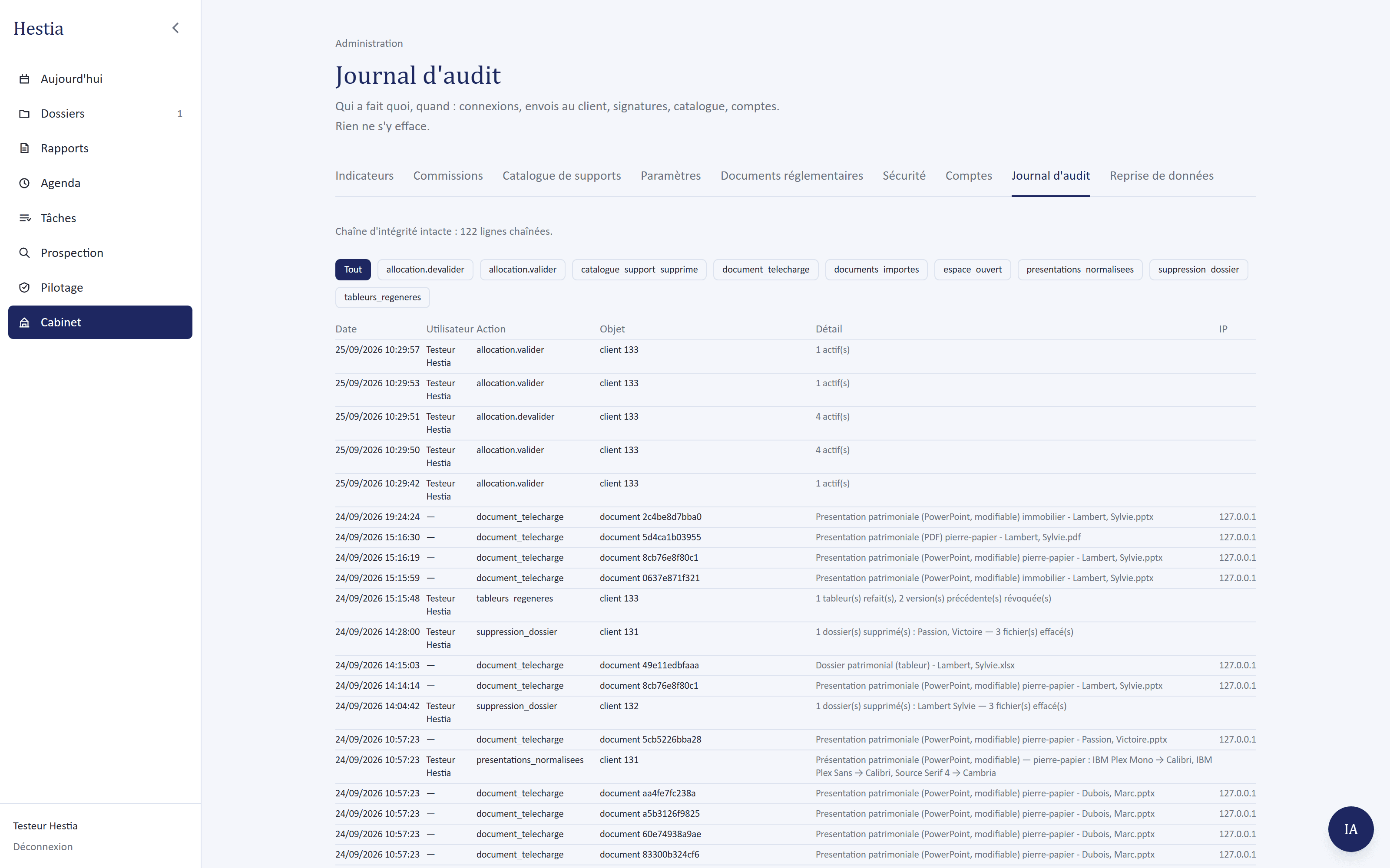 Le journal d'audit du CRM : la chaîne d'intégrité est intacte, chaque action est datée et signée